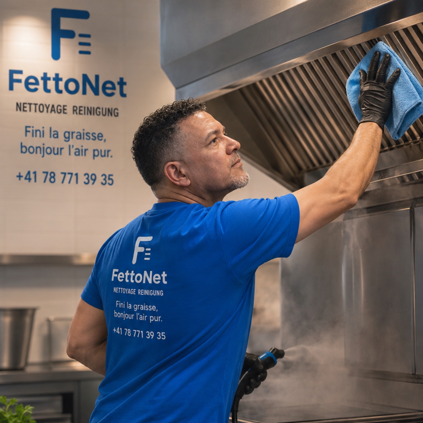 Agent FettoNet nettoyant une hotte de cuisine